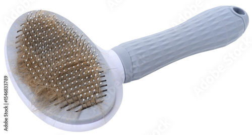 Pet brush for combing hair of cats or dogs with gray body and handle, collected hair is visible, isolated background