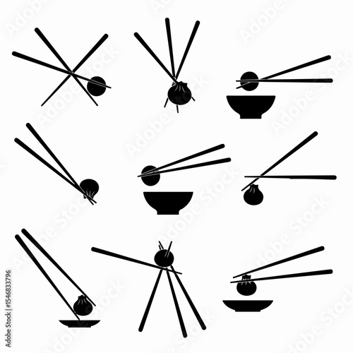 Dumpling and chopsticks icon set asia cuisine