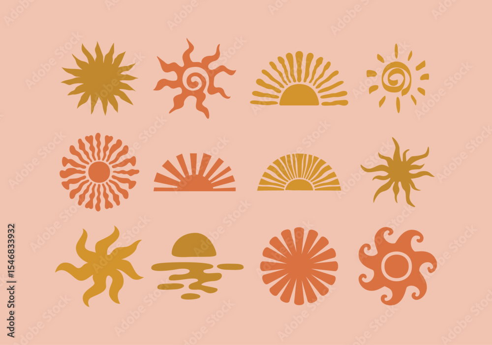 Boho sun collection. Sun hand drawn doodles organic shapes. Summer sunshine