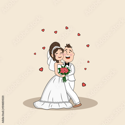 Newlyweds, wedding invitation, bride, groom, couple, love, groom, dress, woman, marriage, vector, cartoon, invitation, illustration, bridal, married, ceremony, wife, bouquet, marry, flowers, celebrati