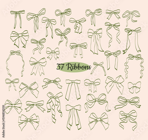Green ribbon bow coquette style. Hand drawn line art doodle.