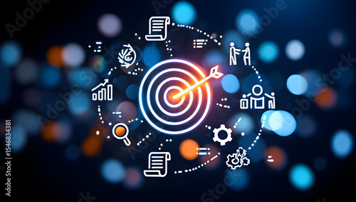 Wallpaper Mural Illuminating Business Strategy A Neon Target Surrounded by Growth Icons for Success and Achievement A Modern Visual Metaphor for Goals and Objectives in a Corporate Environment Torontodigital.ca
