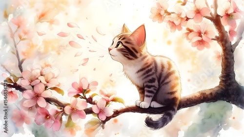 A tabby cat watches blossoms drift through warm light