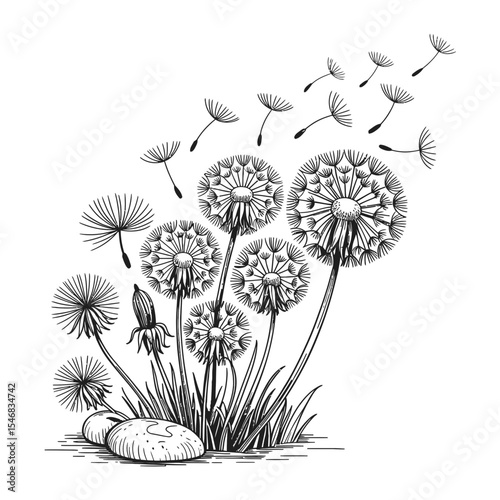 Delicate dandelions are depicted with seeds floating away in the breeze, capturing the essence of nature's gentle movement.