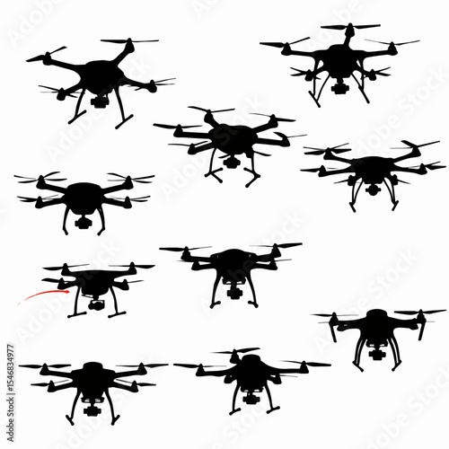 Drone silhouette, flying quadcopter aerial device
