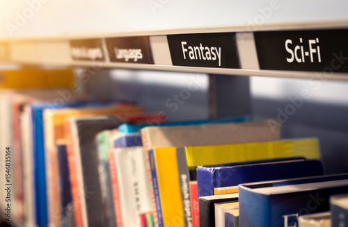 Sci-fi and fantasy bestseller fiction books - novels on bookshelf under genre categories. Reading library or bookstore scene with science fiction and mystical storybooks by various literature authors.