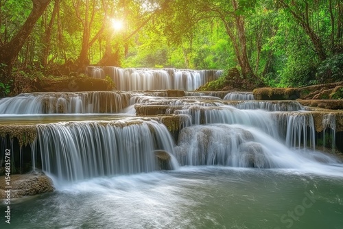 Majestic waterfall cascading through lush tropical forest in Thailand at sunset, Scenic waterfall in Thailand tropical forest Beautiful nature able seamless