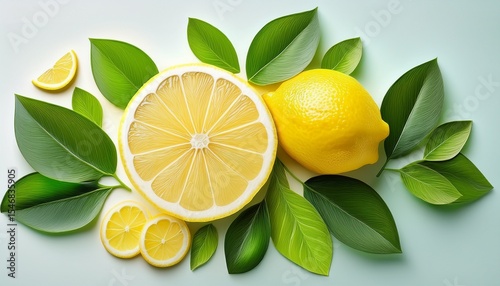 Wallpaper Mural fresh lemon slices and leaves vibrant citrus fruit illustrations with vibrant green leaves Torontodigital.ca