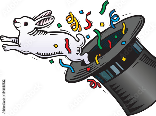 Illustration featuring a bunny leaping from a magician’s top hat surrounded by colorful confetti. Retro woodcut style drawing perfect for magic show posters, party invitations, children’s books, etc.