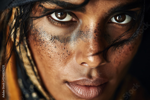 Portrait of woman with face paint and intense gaze for beauty and fashion photography concept use 100 char