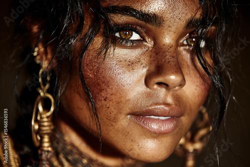 Portrait of a beautiful woman with freckles and dark hair looking at the camera close up view art