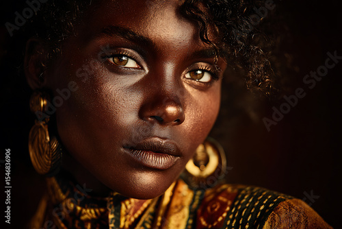 Portrait of beautiful african woman with golden earrings dark skin and brown eyes close up art style