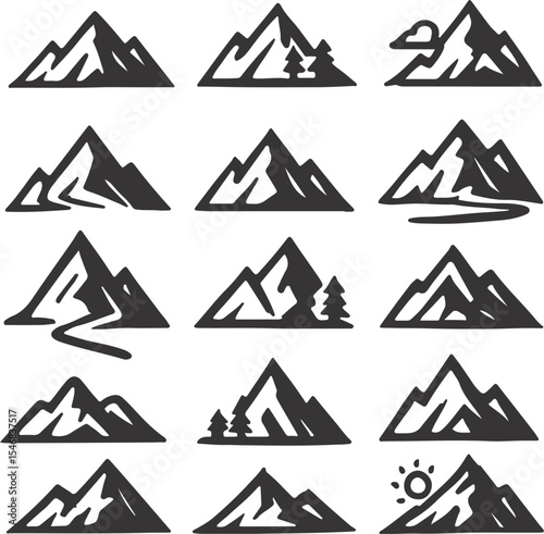 Assorted Mountain Icon Set Expressing Adventure and Exploration in Nature, Wilderness, Peaks, and Natural Beauty, Creating Versatile Visuals
