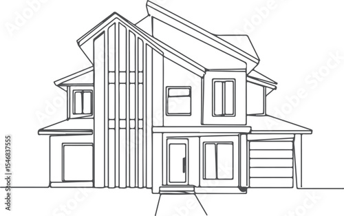 Architectural Line Drawing of a Modern Two Story House with Multiple Windows and a Sloping Roof Design Rendering