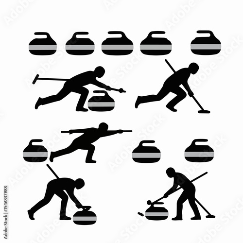 Curling stones and players sport figure icons