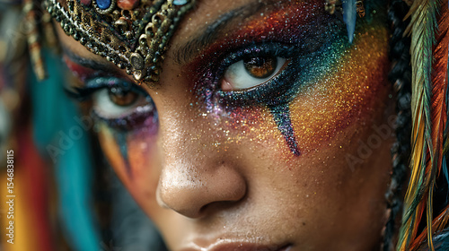 Portrait of woman with colorful glitter makeup and headdress beauty fashion photography close up shot eye focus