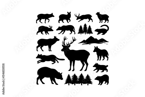 Silhouette vector collection of wild and domestic animals in black wildlife style