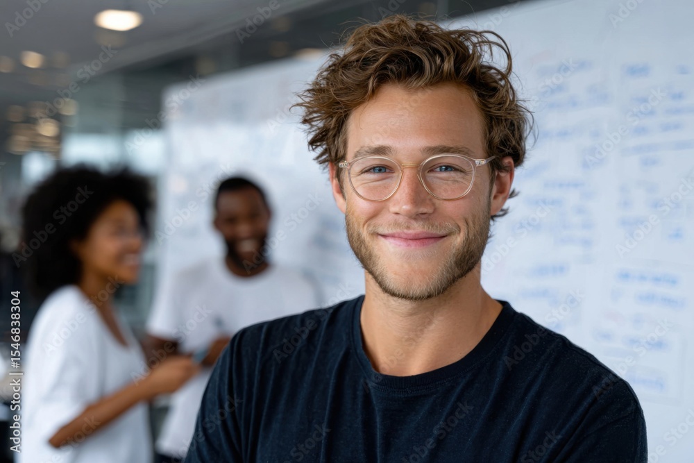 Obraz premium Portrait of smiling creative professional with colleagues collaborating in background