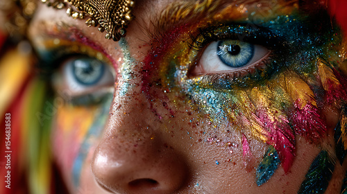Woman face closeup with colorful makeup beauty eyes artistic design glitter fashion portrait creative style
