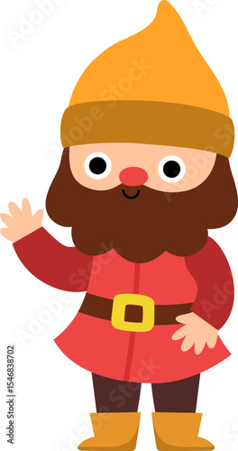 Vector dwarf icon. Magic creature clipart. Cute fairytale character waving hand. Woodland fantasy blacksmith gnome with beard. Forest fairy tale illustration isolated on white background