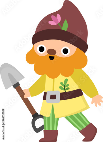 Vector dwarf icon. Magic creature clipart. Cute fairytale character. Woodland fantasy garden gnome going with shovel. Forest fairy tale illustration isolated on white background