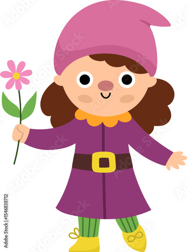 Vector girl dwarf icon. Magic creature clipart. Cute fairytale character. Woodland fantasy female garden gnome going with shovel. Forest fairy tale illustration isolated on white background