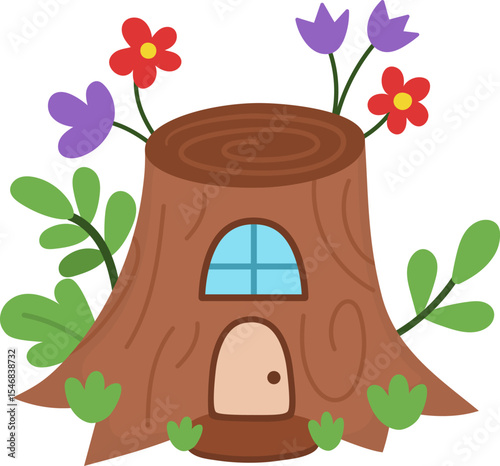 Vector little dwarf house shaped as tree stump. Tiny gnome home clipart. Fantasy forest or woodland cottage illustration. Magic fairytale dwelling icon isolated on white background