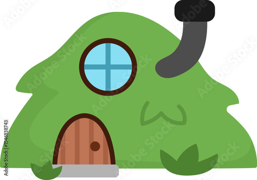 Vector little dwarf house shaped as green hill with chimney. Tiny gnome home clipart. Fantasy forest or woodland cottage illustration. Magic fairytale dwelling icon isolated on white background
