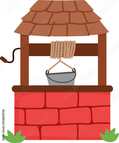 Vector cartoon well with bucket. Fairytale or ancient world red brick water pit icon with tile roof. Medieval shaft illustration isolated on white background