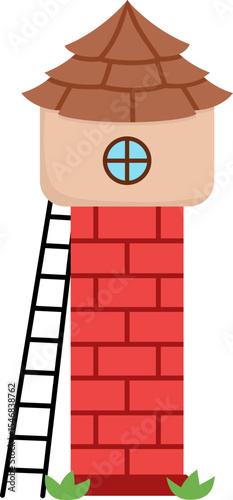 Vector cartoon tower. Fairytale or ancient world red brick building icon with tile roof and ladder. Medieval turret illustration isolated on white background