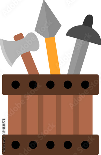 Vector wooden box with sward, hammer, spear. Blacksmith or forger illustration. Fairy tale knight armor or dwarf smith products in wood crate. Cartoon icons with medieval weapon