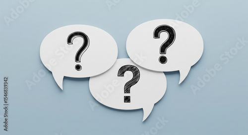 Three white speech bubbles with black question marks, arranged on a light-blue background, showcasing inquiry, questions, and communication concept