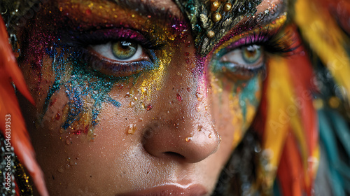 Close up of woman with artistic colorful makeup and feathers for beauty and fashion photography