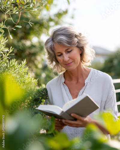 Wallpaper Mural Serene woman reading book outdoors, tranquil scene of woman with gray hair in the garden Torontodigital.ca