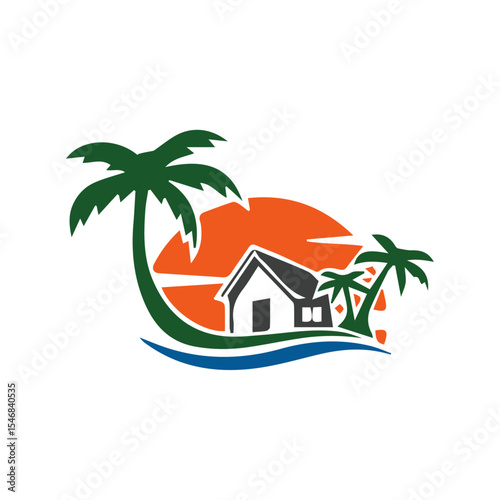 Tropical Paradise House Sunset Beachfront Home Logo Design