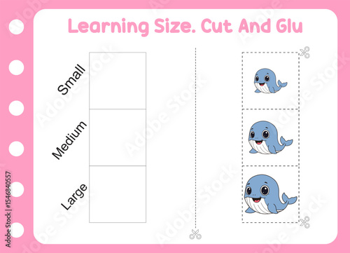 learning size , cut and glue cute whale . kids education and learning