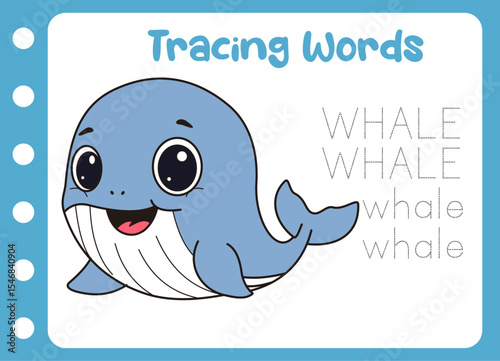 tracing the word of cute whale. animal education game