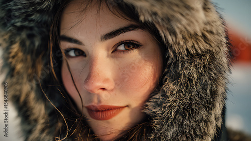 Portrait of a beautiful woman with fur hood in winter snow outdoor fashion photography style close up view