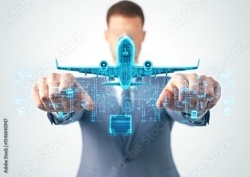 Businessman holding a digital airplane in his hands