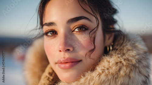 Portrait of beautiful woman with winter fur coat in snowy landscape fashion and beauty photography
