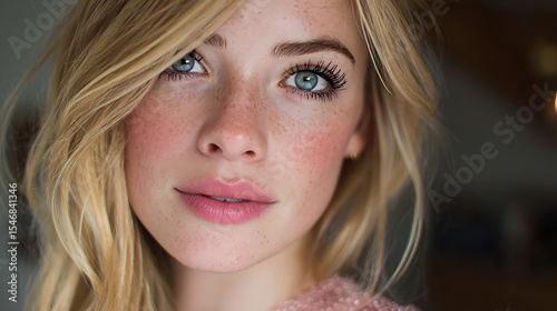 Portrait of beautiful blonde woman with blue eyes and freckles flawless skin makeup beauty face close up shot