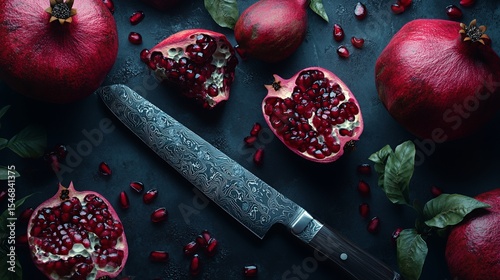 Pomegranate knife dark background food photography recipe