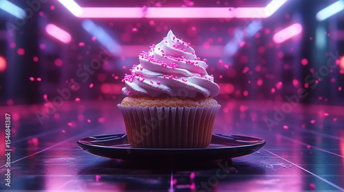 Pink Cupcake on Black Plate in Neon Lit Futuristic Space