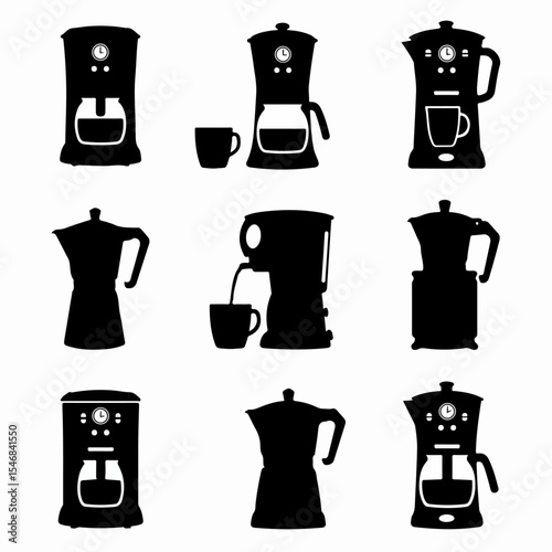 Coffee maker types black silhouette icon set