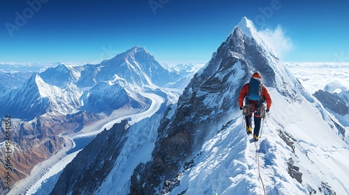 Climber summits Himalayan peak, panoramic view