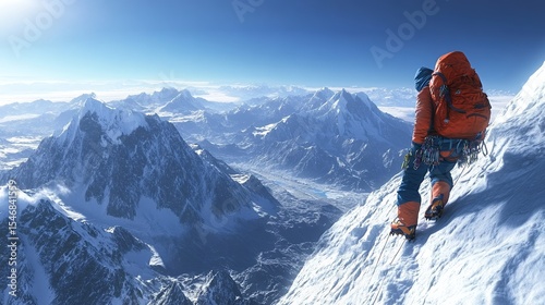 Climber ascends snowy mountain peak, panoramic view