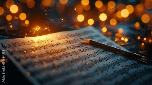 Music score, glowing sparks, warm lights, table setting.  Possible use  Christmas, holiday, classical music