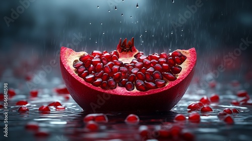 Pomegranate slice under rain, studio still life