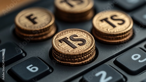 Gold tokens on calculator, finance concept