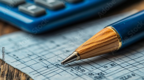 Blue pen and calculator on grid paper, accounting background